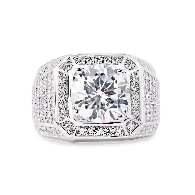 Rhodium Plated 925 Sterling Silver Statement Studded Small and Top 9mm Clear CZ Ring - GMR00374