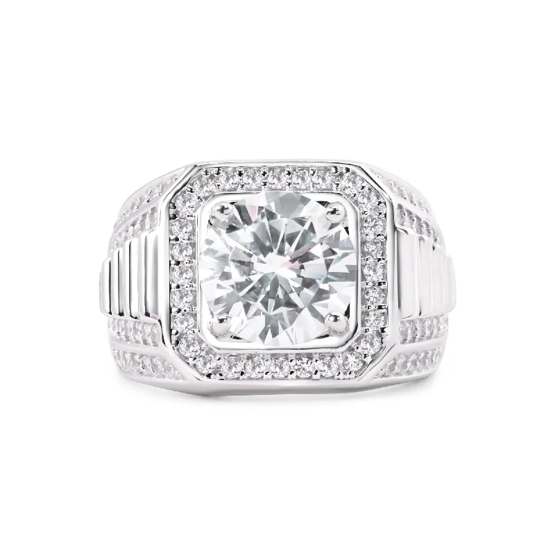 Rhodium Plated 925 Sterling Silver Statement Studded Small and Top 9mm Clear CZ Ring - GMR00375