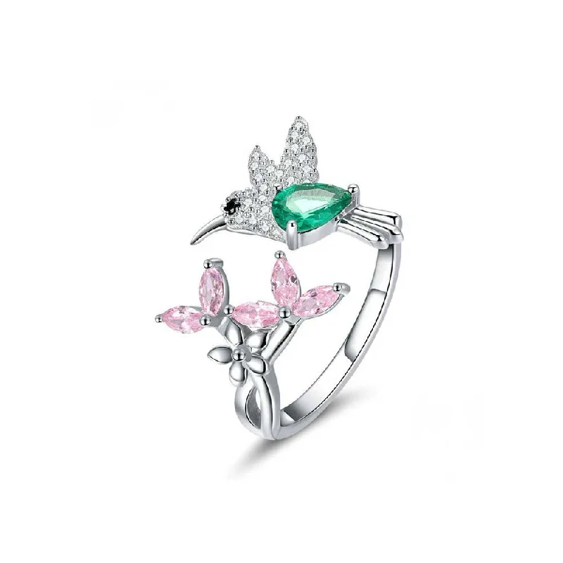 Sterling Silver Simulated Emerald Hummingbird Pink FlowerToi et Moi Ring