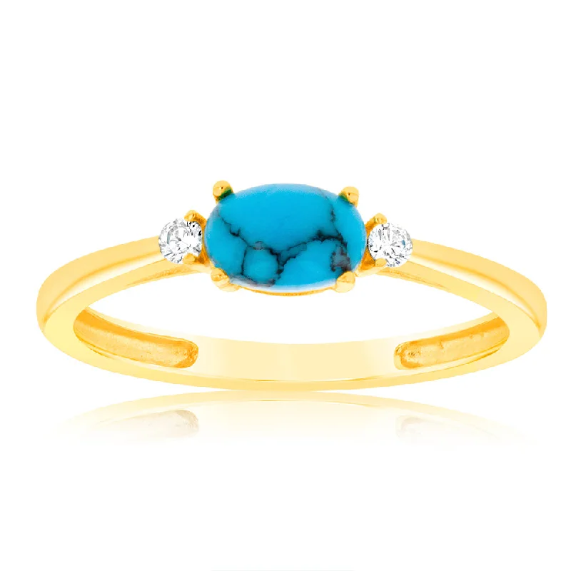 Sterling Silver Yellow Gold Plated Created Oval Green Turquoise And Zirconia Ring