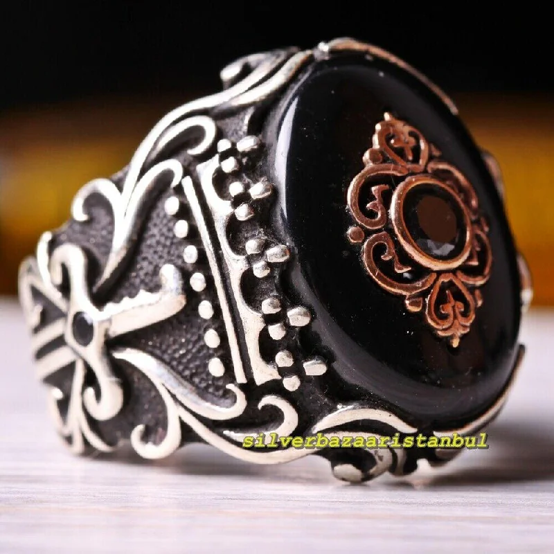 Sword and Eagle Black Onyx Stone 925 Sterling Silver Mens Ring