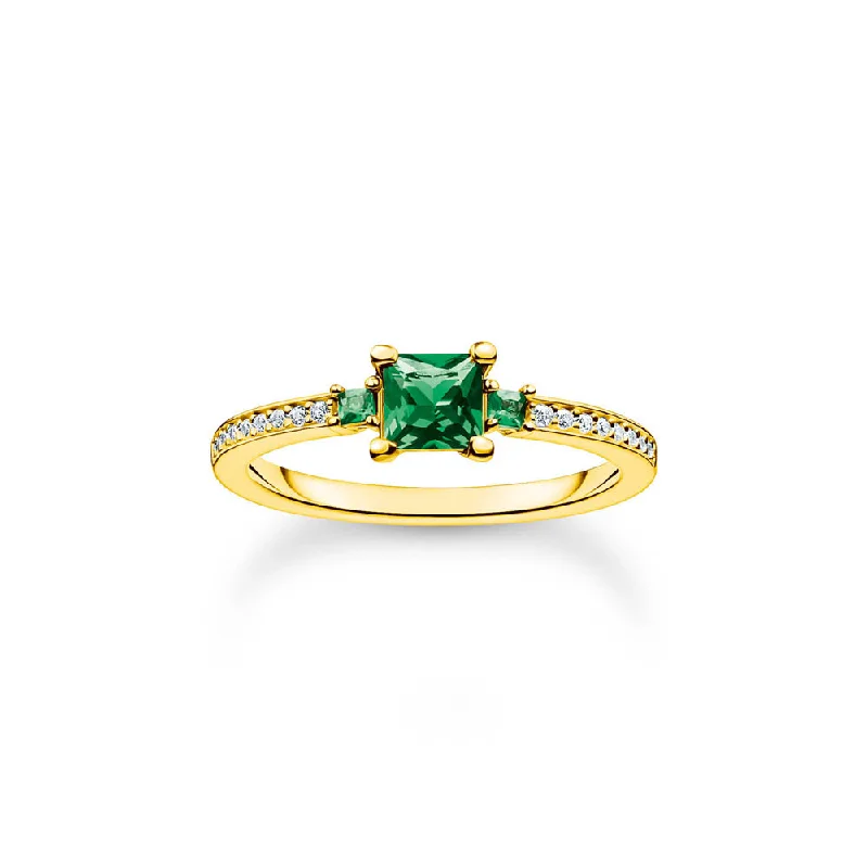 Thomas Sabo Sterling Silver Gold Plated Charm Club Princess Cut Green CZ Ring