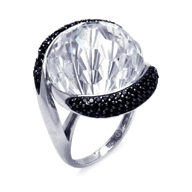 Closeout-Silver 925 Rhodium and Black Rhodium Plated 2 Toned Black and Large Clear Center CZ Ring - BGR00292