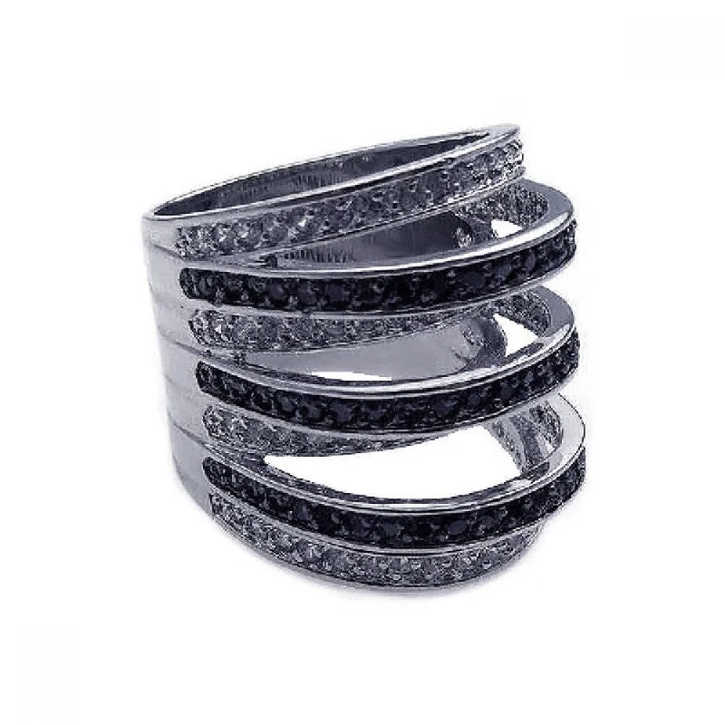 Closeout-Silver 925 Rhodium and Black Rhodium Plated Black and Clear CZ Stripe Ring - BGR00171