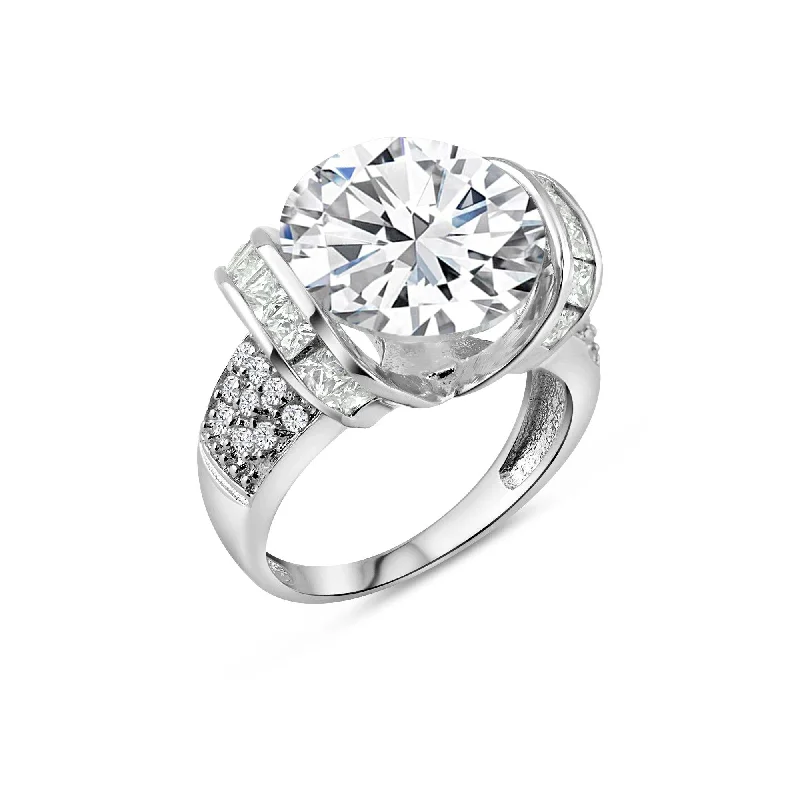 Silver 925 Rhodium Plated Clear Baguette Pave Set Round Center CZ Bridal Ring - BGR00256