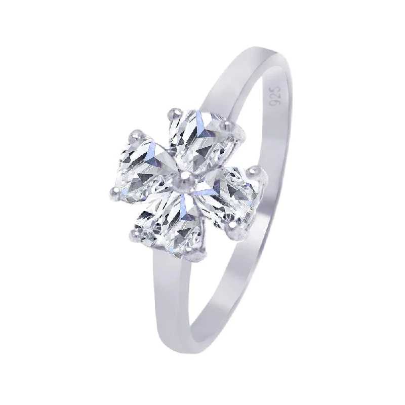 Silver 925 Rhodium Plated Clear CZ Cross Clover Ring - AAR0010