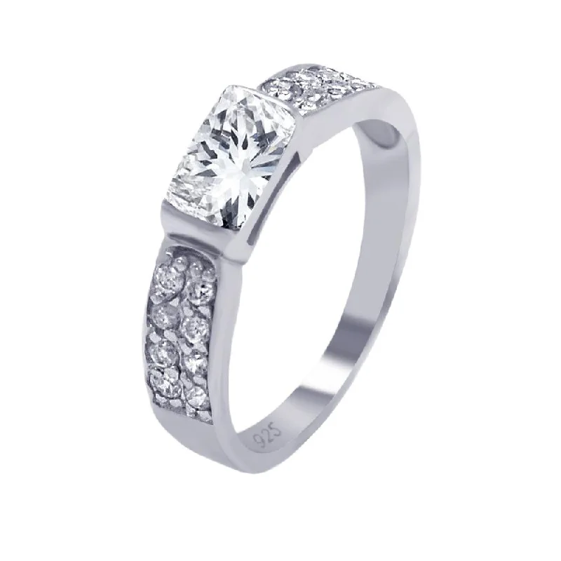 Silver 925 Rhodium Plated Clear Rectangular Center Pave CZ Ring - AAR0002CLR