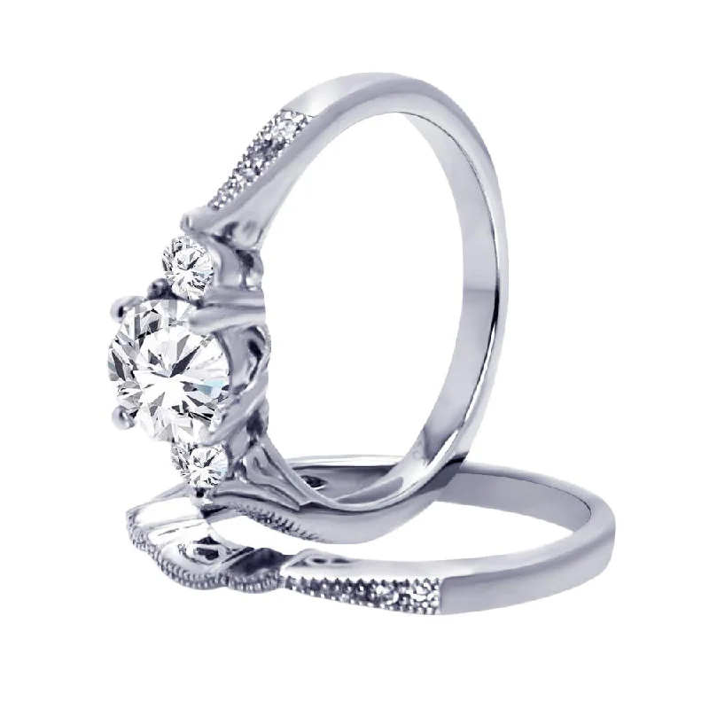 Silver 925 Rhodium Plated CZ Bridal Engagement Ring Set - ACR00027