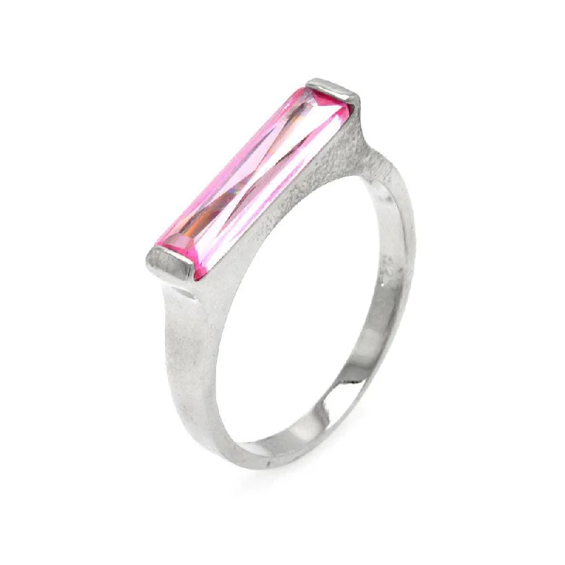 Closeout-Silver 925 Rhodium Plated Long Pink CZ Bar Ring - BGR00003PNK