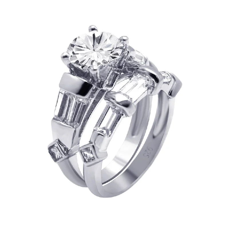 Silver 925 Rhodium Plated Marquise Diamond-Shaped Round CZ Engagement Ring Set - AAR0080