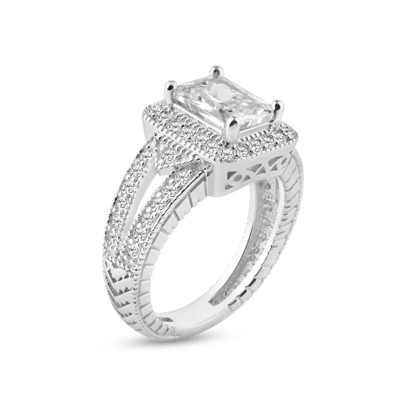 Silver 925 Rhodium Plated Micro Pave Clear Cluster CZ Square Ring - ACR00006