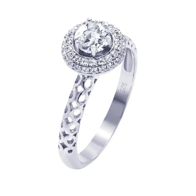 Silver 925 Rhodium Plated Micro Pave Clear Cluster Round Center CZ Perforated Ring - ACR00037