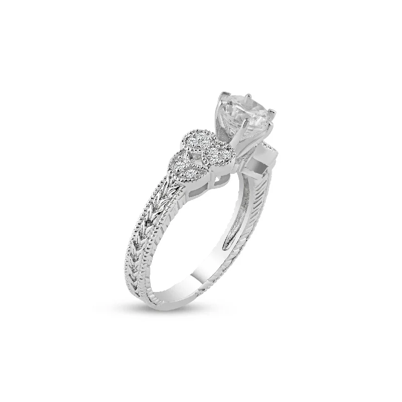 Silver 925 Rhodium Plated Pave Clear Round Center CZ Ring - ACR00020