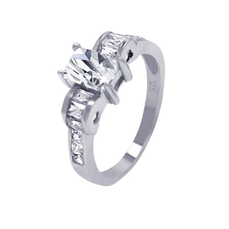 Silver 925 Rhodium Plated Rectangular Center Clear CZ Engagement Ring - AAR0005