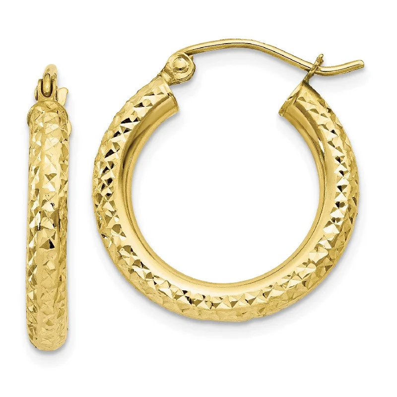 10KT Yellow Gold 15X3MM Diamond-cut Hoop Earrings