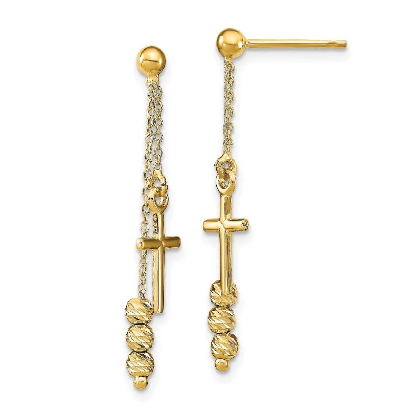 14KT Yellow Gold 32X7MM Diamond-cut Cross Beaded Dangling Earrings