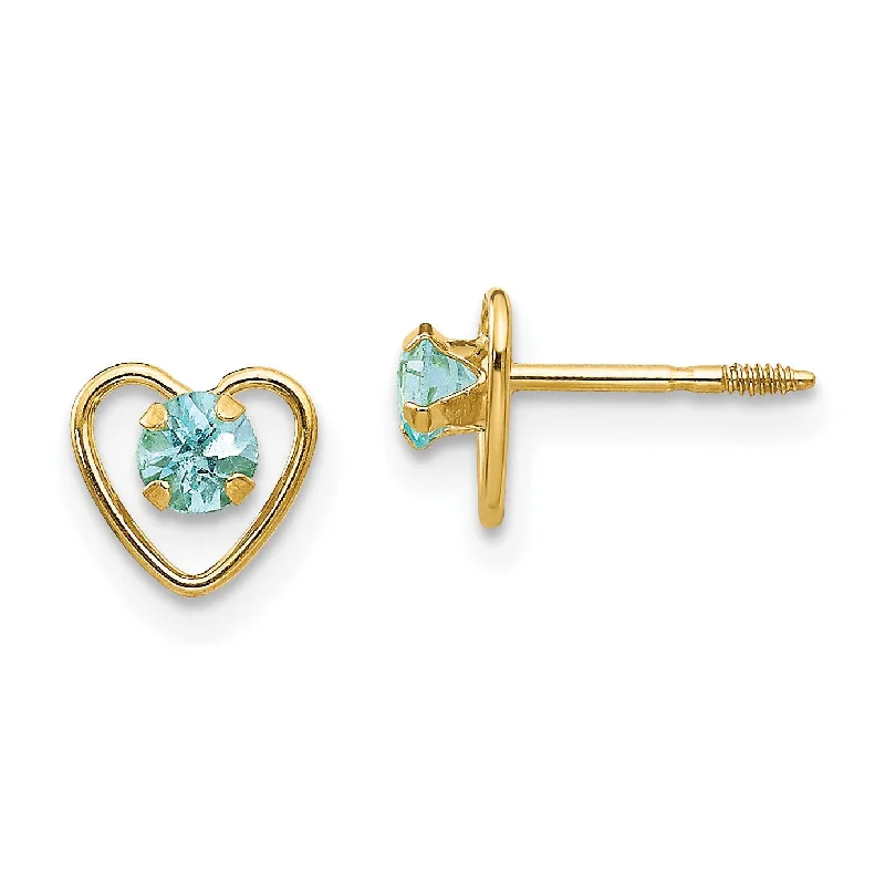 14KT Yellow Gold 3MM Round Aquamarine 6MM Heart Childrens Birthstone Earrings