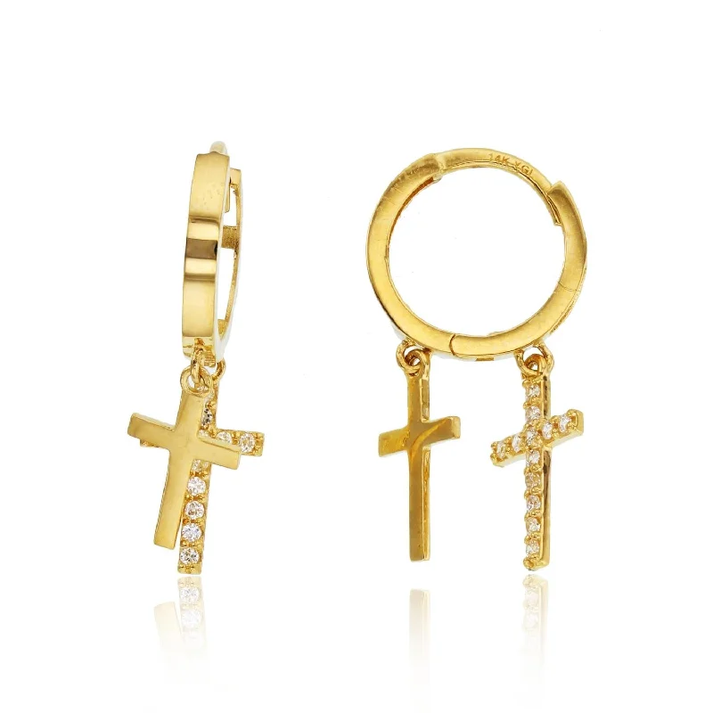 14KT Yellow Gold Cubic Zirconia Drop & Dangle Cross Huggie Earrings