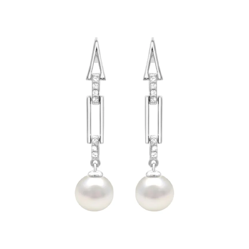 8.5X9MM Round Pearl and White Sapphire Drop & Dangle Earrings in Sterling Silver