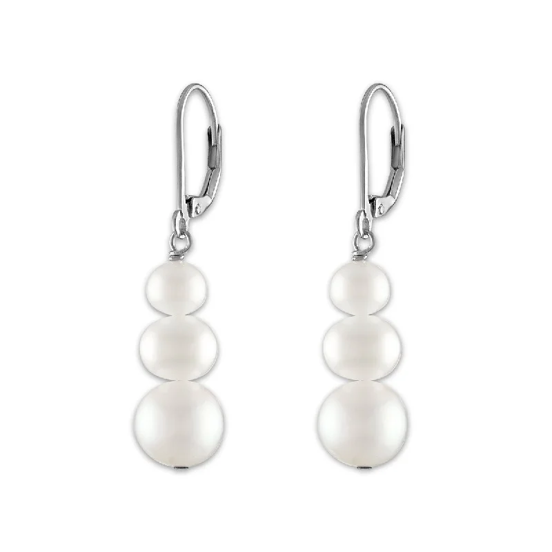 Round Pearl Drop & Dangle Three Stone 6-8MM Fresh Water Earrings in Rhodium Plated Sterling Silver