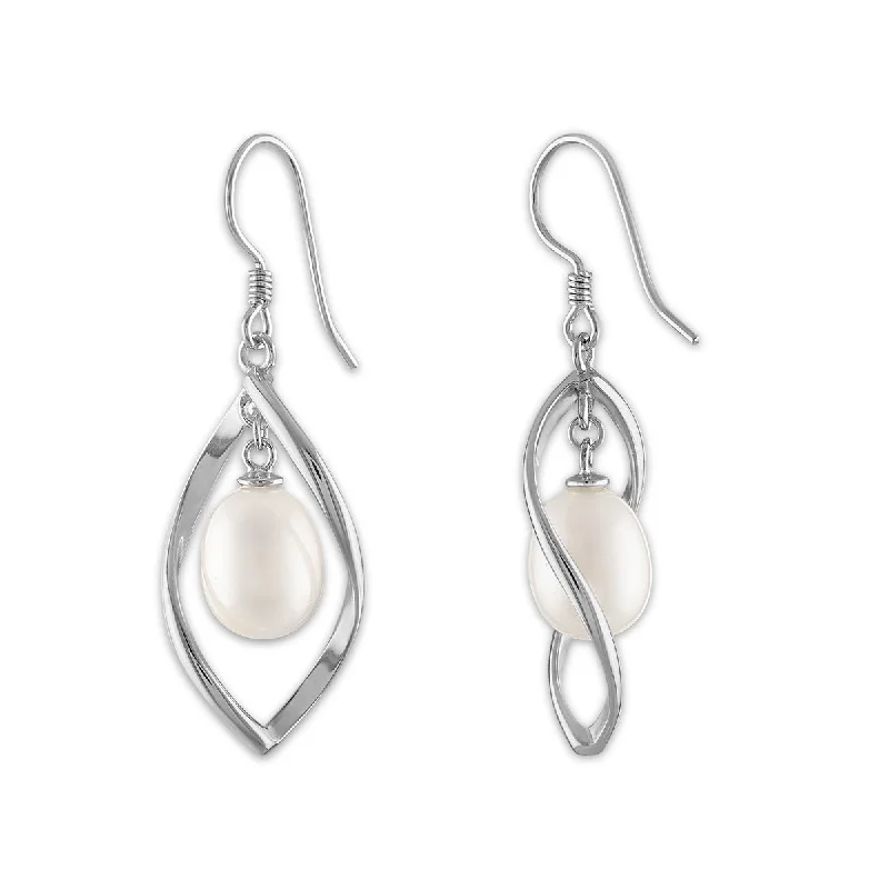 Round Pearl Fashion Drop & Dangle 7.5-8MM Fresh Water Earrings in Rhodium Plated Sterling Silver