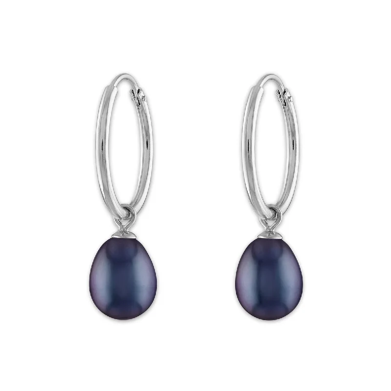 Round Pearl Hoop Drop & Dangle 6-7.5MM Black Earrings in Rhodium Plated Sterling Silver