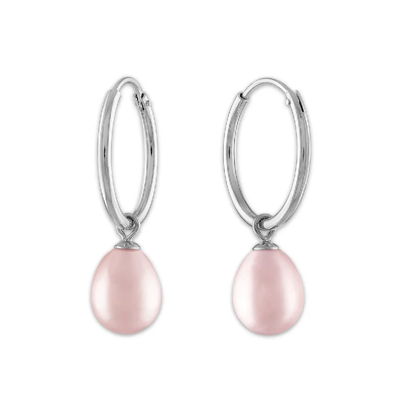 Round Pearl Hoop Drop & Dangle 6-7.5MM Pink Earrings in Rhodium Plated Sterling Silver