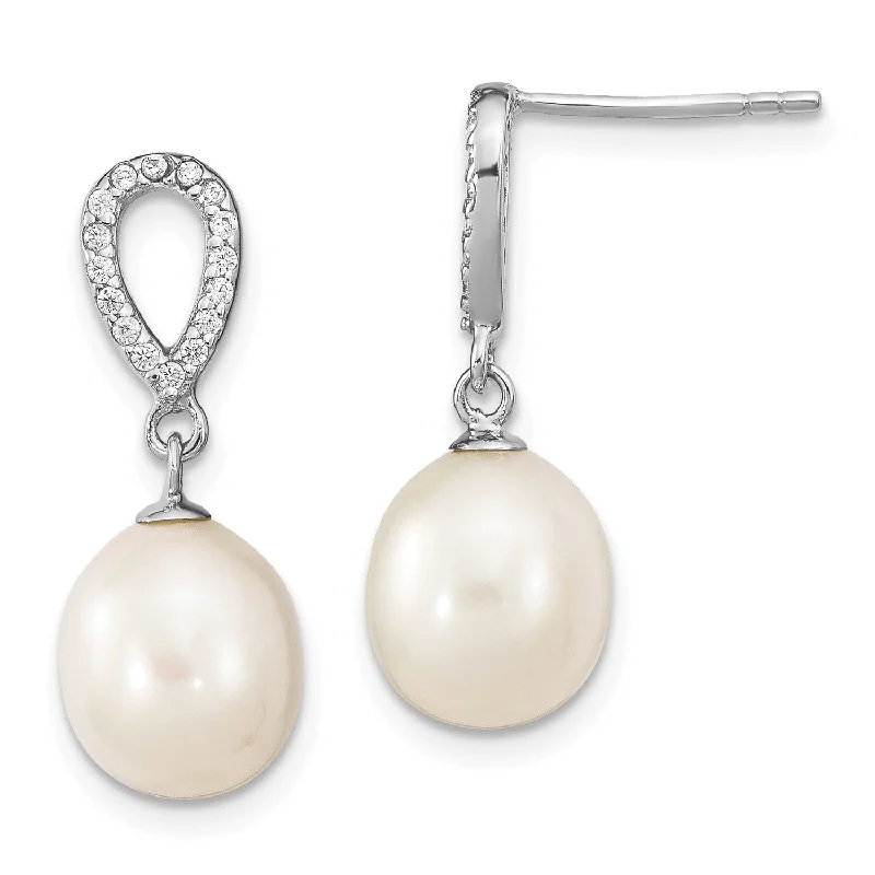 Sterling Silver 8X9MM Pearl and Cubic Zirconia Drop & Dangle Earrings