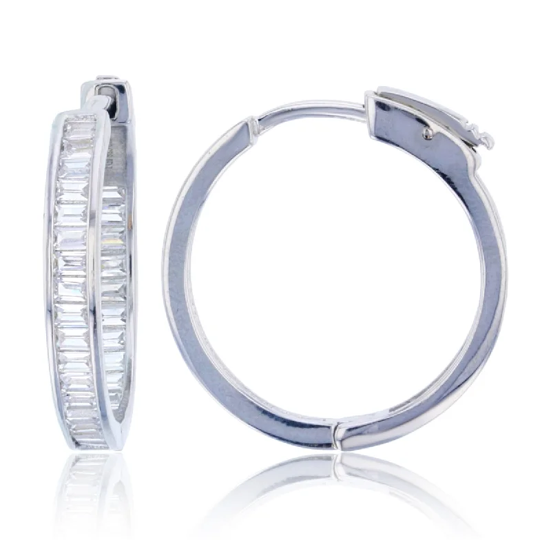 Sterling Silver Baguette Cubic Zirconia 3X25MM Safety Clasp In & Out Hoop Earrings