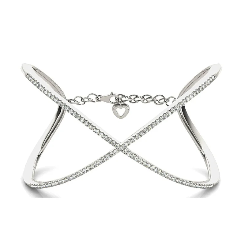 Criss Cross 1.63 ctw Round Diamond Cuff Bangle Bracelet With Security Chain