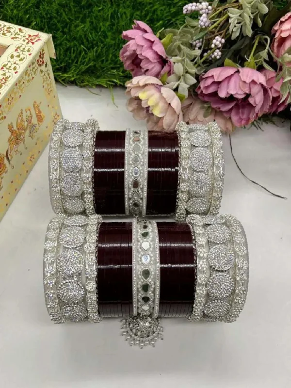 Premium Silver Plated Zircon Diamond Stone And Acrylic Bangles Chuda Set